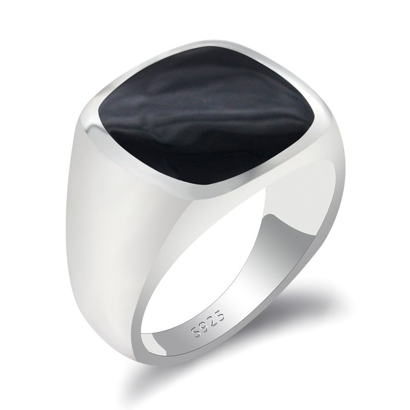 Black Enamel Ring for Men 925 Sterling Silver Setting Square Enamel Mens Rings S - £38.12 GBP