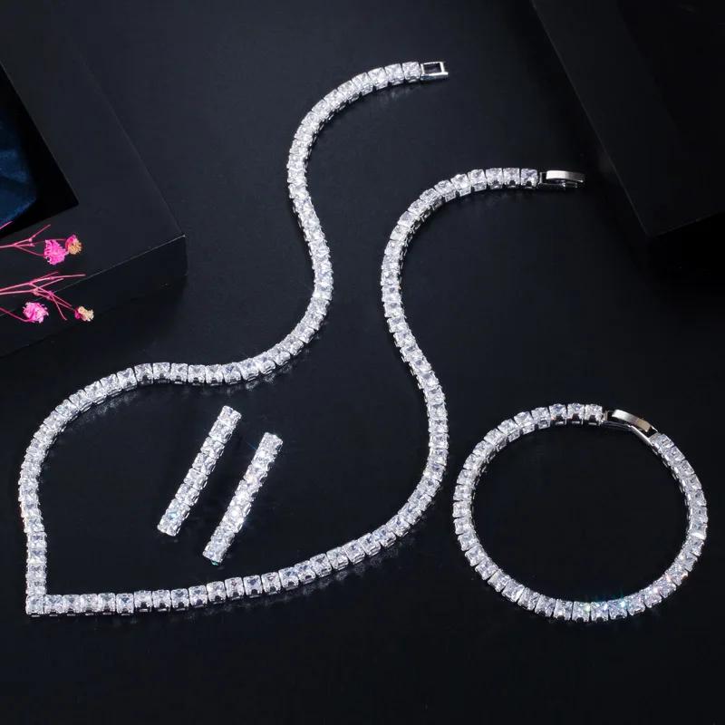 Classic Princess Cut Cubic Zircon Women Wedding Necklace Earring Bracelet 3 pcs  - £38.88 GBP