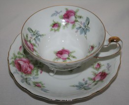 Lefton China HP Pink Elegant Rose Footed Tea Cup &amp; Saucer Set #2658 - £21.92 GBP