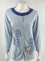 Storybook Knits Womens Cardigan Sweater Sz Medium Blue Floral Embroidered Beaded - $34.65