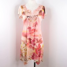 One World Womens S Pink Floral Embellished Rhinestone Short Sleeve Stretch Dress - £20.91 GBP