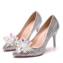 Rhinestone Ballet Pumps Pointed Toe Plus Size Bridal Wedding Shoes High Heels - £88.21 GBP