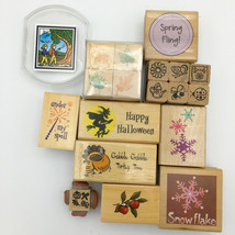 SEASONAL &amp; HOLIDAY lot of 22 wood-mount rubber stamps - Halloween Thanksgiving - £6.37 GBP