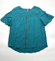 Soft Surroundings Teal Blouse Ladder Stitching Short Sleeve Women Large - $19.62