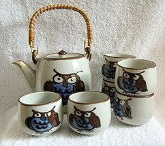 Mid Century Teapot W/ Rattan Handle &amp; 6 Cups OWL THEME Cute! - $39.99