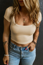 Beige Ribbed Knit U Neck Crop Top - $9.80
