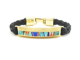 Calvin begay tsf navajo station inlay bracelet 14k gold leather 001 thumb200