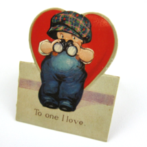 Vintage Valentine Card Cutout Stand Up Boy Binoculars Plaid Hat Overall ... - £6.25 GBP