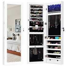 Door Mounted Lockable Mirrored Jewelry Cabinet with LED Lights - Color: White - £95.96 GBP