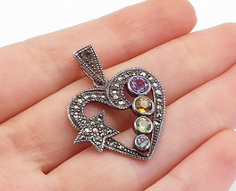 925 Sterling Silver - Vintage Multi-Gemstone Love Heart Star Pendant - PT4841 - £20.92 GBP