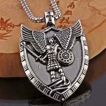 Mens  Archangel Angel Michael Shield Pendant Christian Necklace Punk Jewelry 24&quot; - £10.07 GBP