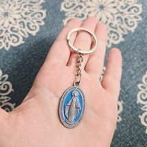 Vintage Blue &amp; Grey Miraculous Medal Virgin Mary Keychain - $465.28 MXN