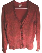 J.JILL CARDIGAN &quot;S&quot; RED FLORAL RUFFLE COLLAR BUTTON SWEATER COTTON - £10.90 GBP