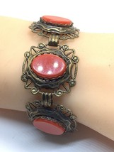 Vintage Bracelet Chunky Link Bracelet Red Lucite  Gold Tone Antique Meta... - $25.26