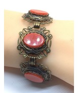 Vintage Bracelet Chunky Link Bracelet Red Lucite  Gold Tone Antique Meta... - $34.49 CAD