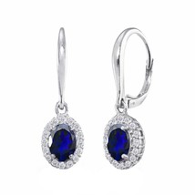 14K Weiß Vergoldet Labor Erstellt Blau Saphir, Diamant Oval Lang Halo Ohrringe - £152.35 GBP