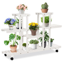 4-Tier Rolling Flower Rack Wood Plant Stand Casters 12 Pots Bonsai Displ... - $128.24