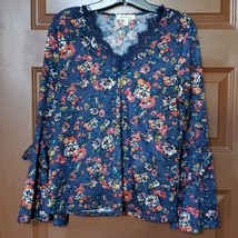 Monteau Blue floral boho blouse bell sleeves size Large - $11.88