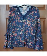 Monteau Blue floral boho blouse bell sleeves size Large - £9.34 GBP