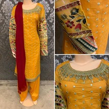 Pakistani Mustard Straight Shirt 3-PC Lawn Suit w/ Threadwork,X-Large - £69.28 GBP