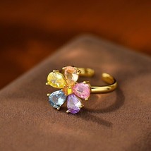 Unique Pear Cut Colorful CZ Flower Shaped 18k Yellow Gold Plated Adjustable Ring - £63.19 GBP