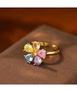 Unique Pear Cut Colorful CZ Flower Shaped 18k Yellow Gold Plated Adjusta... - £64.23 GBP