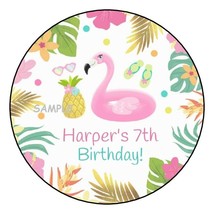 12 Personalized Pool party Birthday stickers flamingo tropical pineapple favors - £9.56 GBP