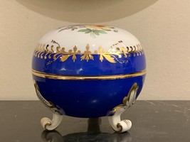 Herend Porcelain Hand Painted Floral Blue Footed Vanity Box Jar - $125.00