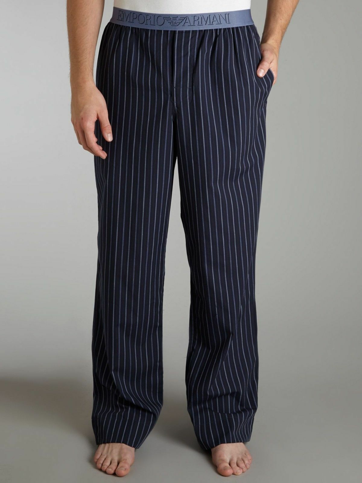 EMPORIO ARMANI Underwear PAJAMA Stripe LOGO BANDED Navy PANTS Cotton S Free Ship - £94.93 GBP