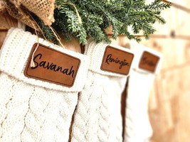 Personalized Knit Christmas Stocking: Laser Engraved Leather Patch - $23.00