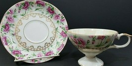 Early 1900s French Footed Tea Cup Saucer Romantic Carnations Gold Embell... - $24.30