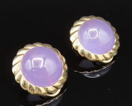 14K GOLD - Vintage Scalloped Border Cabochon Jade Non Pierced Earrings - GE169 - £379.88 GBP