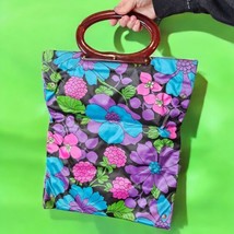 Vintage 60s Satin Foldable Tote Lucite Handle Retro Floral Purse Convert... - £29.71 GBP