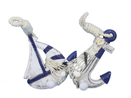 Wooden Rustic Decorative Blue Sailboat/Anchor Wall Accent w/ Hook Set 6&quot;&quot; - $16.99