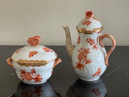 Herend Porcelain Fortuna Rust Hand Painted Small Coffee Pot and Sugar Bowl - £193.91 GBP