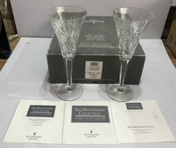 VTG Waterford Crystal Millennium HAPPINESS Toasting Flutes PAIR With Box - £78.94 GBP