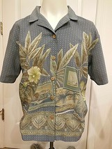 Teddi Women&#39;s Hawaiian Blouse Floral Print with Island Scenes Button Shirt Sz M - £9.29 GBP
