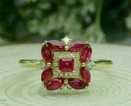 2.50Ct Princess Cut Red Ruby Halo Lab-Created Womens Ring 14K Yellow Gold Finish - £112.64 GBP