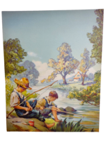 Country Children Fishing  Scenic Cottage Lake Art Print Vintage 1940s Fishin - £10.43 GBP