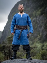 Natural Linen Viking Tunic blue – Breathable Medieval Shirt, S–XXL - $119.99