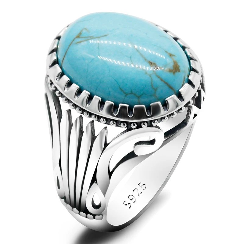 Natural Turquoise Stone Ring for Men 925 Sterling Silver Vintage Statement Oval  - £55.07 GBP