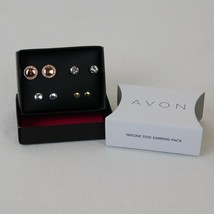 Avon Tritone Stud Pierced Earrings Pack Four (4) Sets Pair Rhinestones Round Box - £7.84 GBP