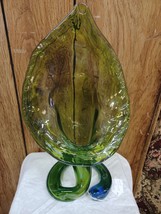 Vtg Jack In Pulpit / Cornucopia Coil Vase Art Glass Green Swirled Glass 14.75&quot; - £43.41 GBP