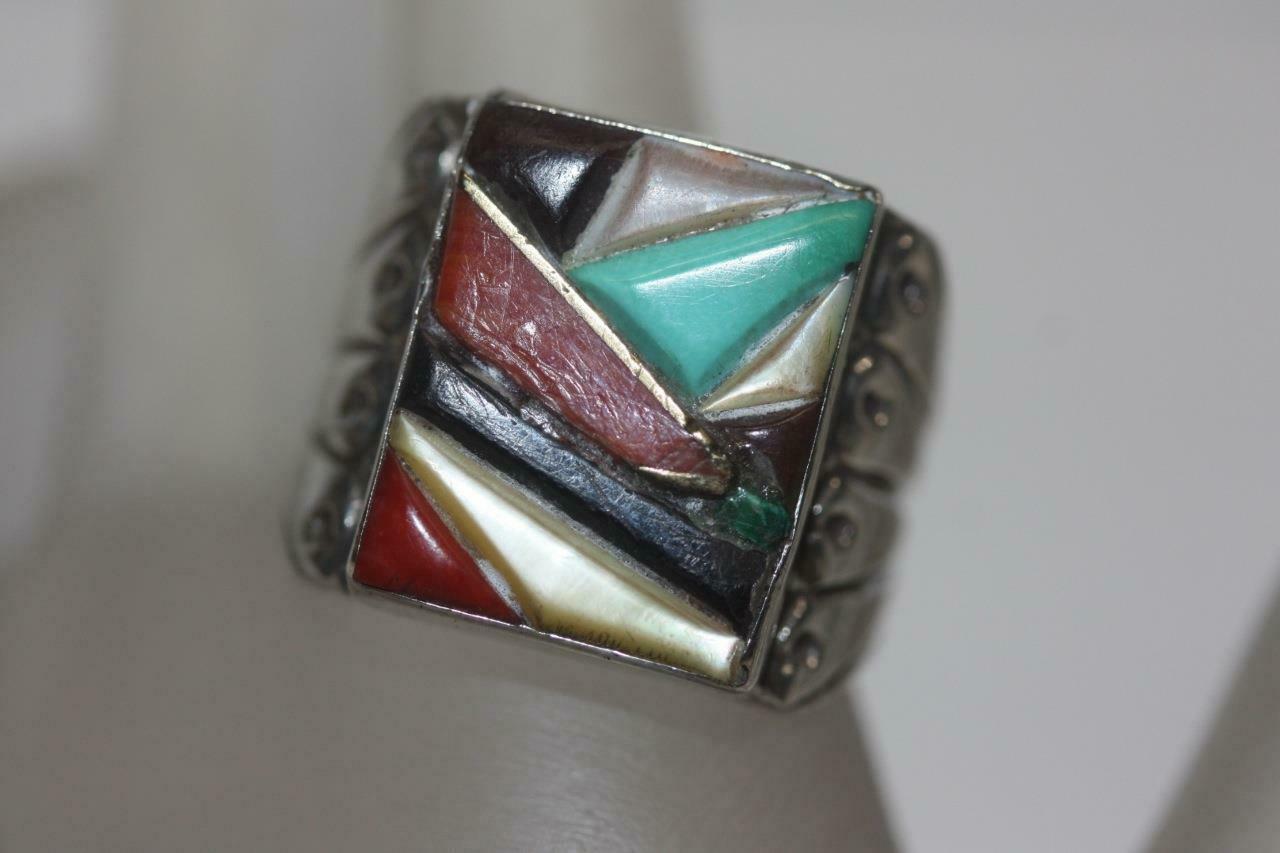 Primary image for Signed "R.B." Navajo Sterling Silver Ring Rectangle Multi-color Stone Size 10