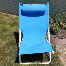 Folding High Back Beach Sand Chair Blue Fabric with Headrest Pillow Atta... - $26.54