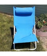 Folding High Back Beach Sand Chair Blue Fabric with Headrest Pillow Atta... - £20.97 GBP