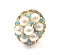 14k Yellow Gold Vintage Women&#39;s Cocktail Ring With Turquoise And Pearls - £452.16 GBP