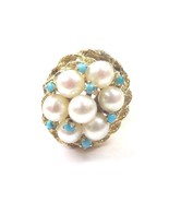 14k Yellow Gold Vintage Women&#39;s Cocktail Ring With Turquoise And Pearls - $11,070.05 MXN