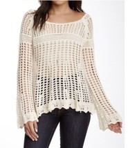 Free People Crochet Sweater Size Small Cream Bell Sleeve Open Knit Boat Neck - £27.63 GBP