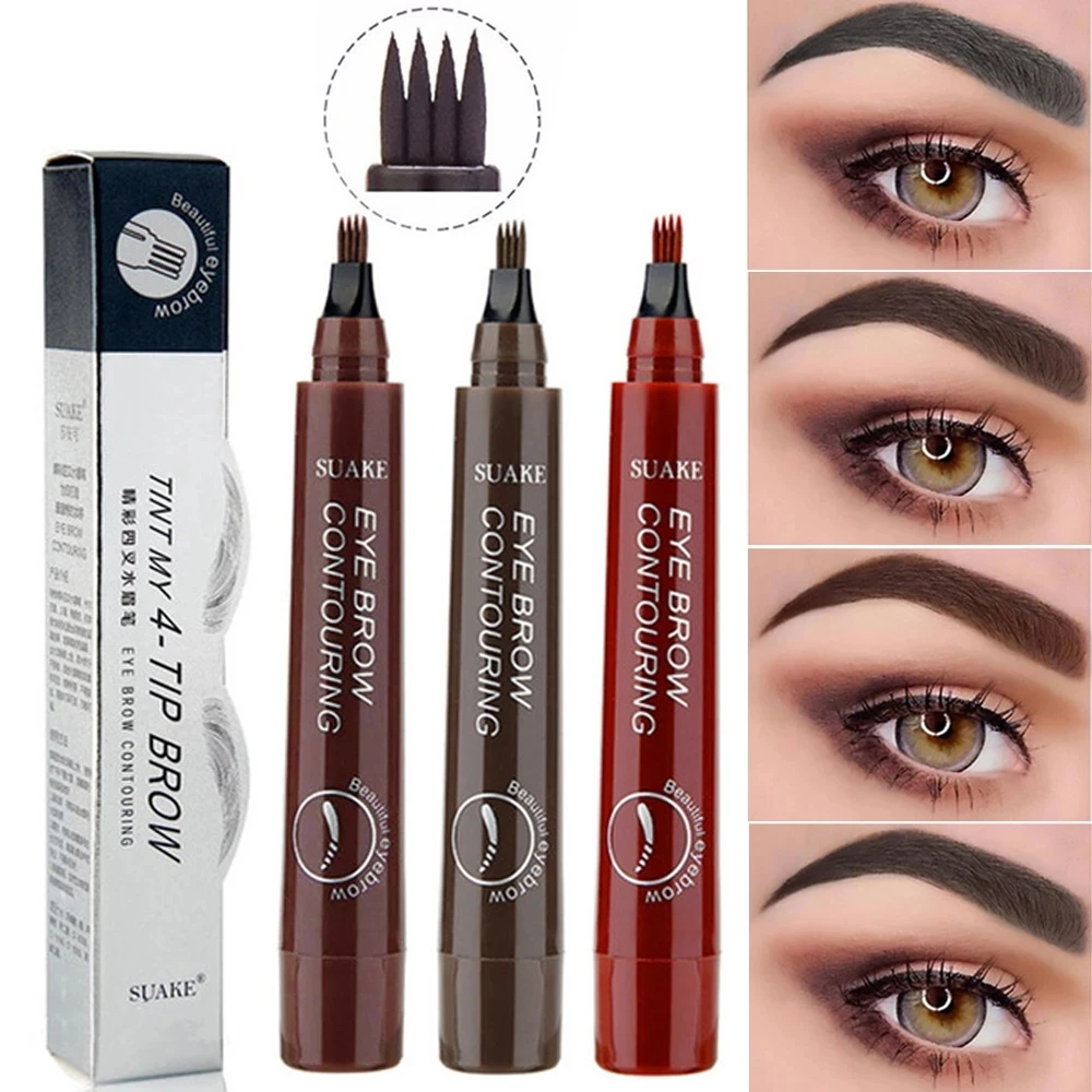 Play NEW 5Colors 4Heads Waterproof Eyebrow Pencil Pen Tint Cosmetic Natural Long - £23.09 GBP